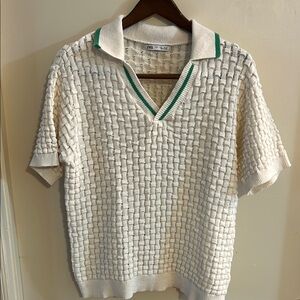 Zara White Knit Polo Shirt with Green Accents